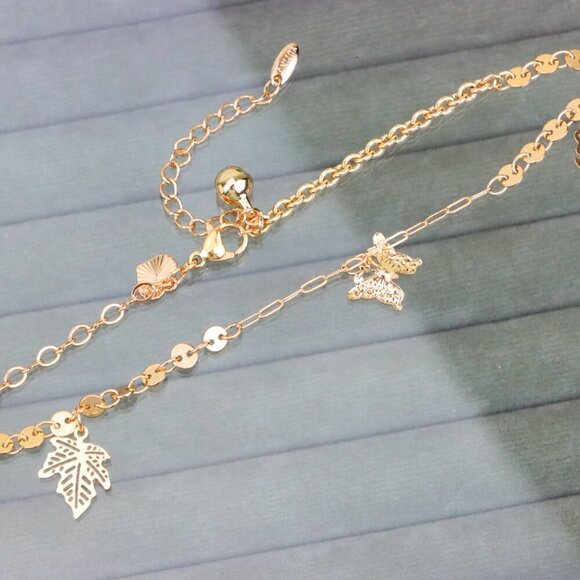"Rose Gold Anklet with Leaf & Butterfly Charms, XPAL1163 - Picture 1 of 12
